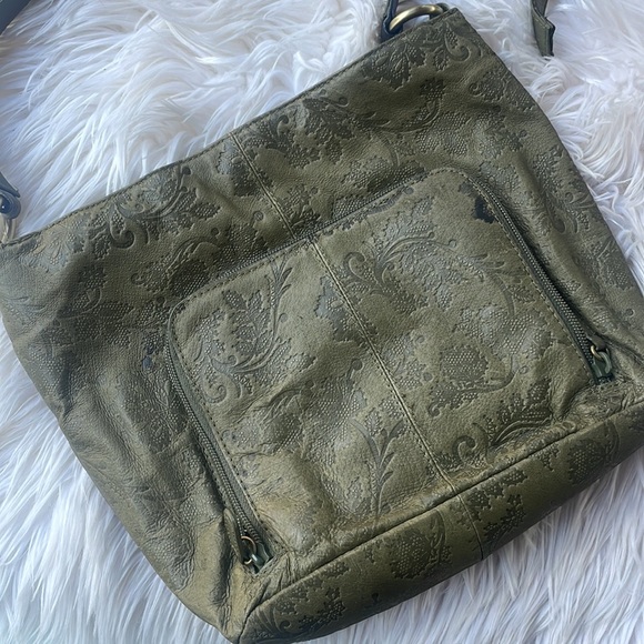 Cabin Creek Olive Green Stamped Leather Shoulder Bag - Picture 4 of 10